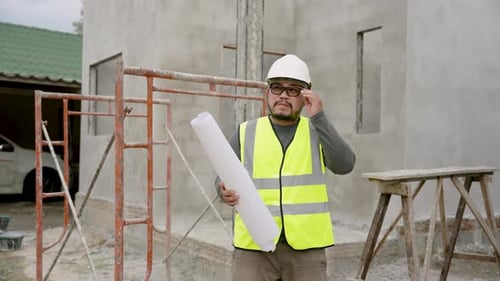 Construction Supervisor Inspects Blueprint at Building Site