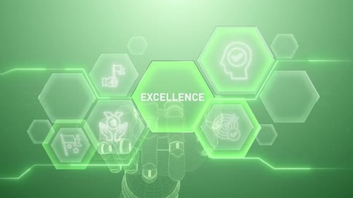 Wireframe Hand Taps Digital Interface with Excellence Hexagons