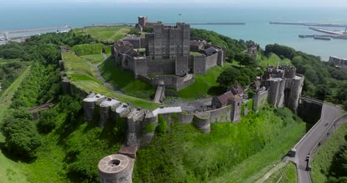 Dover Castle With Medieval Tunnels In Summer In Dover, Kent, England, UK. - aerial shot