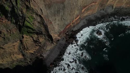 Aerial video of the rugged coastline of Punta de Sao Lourenco, Madeira Island