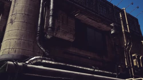 Urban Industrial Structure with Exposed Pipes in a City Setting at Dusk