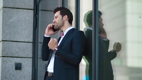Close Up Successful Businessman Talking Phone Outside. Confident Man Standing with Phone
