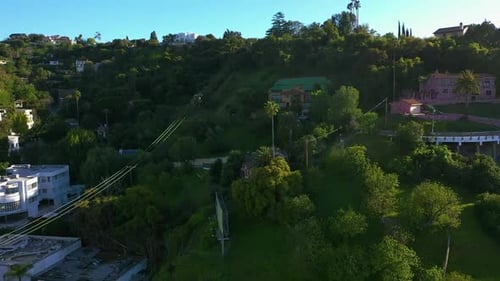 Aerial view overlooking homes in the hills of Studio city, in sunny Los Angeles