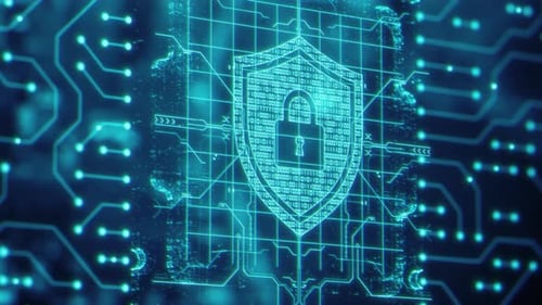 Security Hologram Virtual Hud Pin with Shield and Lock Concept of Finance Data Privacy and