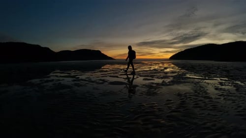 Woman Walking on Sandy Beach on Pacific Ocean Coast View