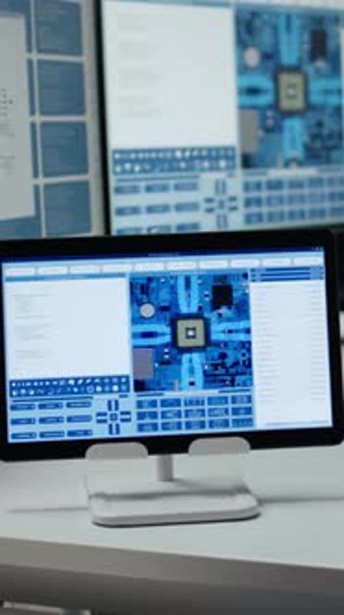 Vertikaler Videotechniker überprüft die Produktionsabläufe von Mikrochips mithilfe von Geräten im Werk