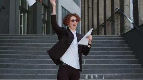 Happy Businessman Winner Throw Papers Documents Outdoors Near Office Building Celebrating Victory