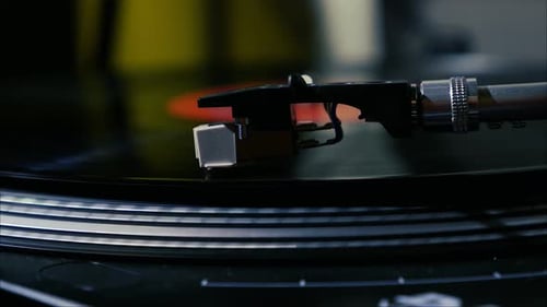 Close Up of Vinyl Record Spinning on Turntable