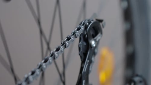 Chain Rotates on the Rear Gearshift of the Bike Close Up