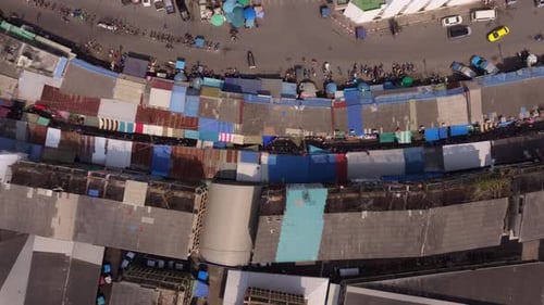 Aerial view of Maeklong Railway Market, no train in sight, Thailand