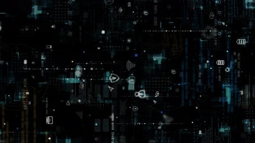 Blue data matrix simulation digital grid line and ai technology icon with futuristic HUD screen