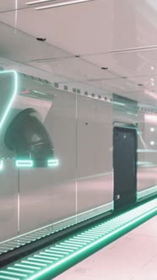 A Futuristic Hallway with a Vibrant Neon Sign on the Wall