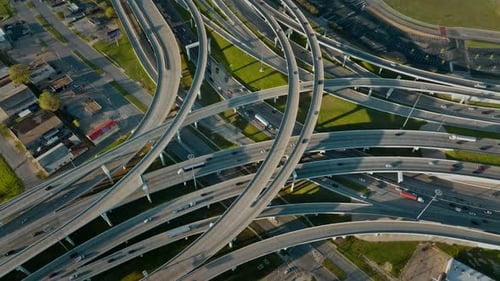 Drone flying over highway intersection, Dallas, Texas, US