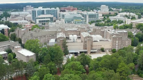 College University campus buildings. Stone Gothic architecture. Aerial drone view in summer. Medical