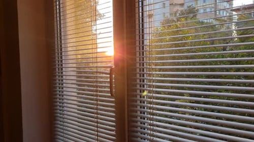 Sonnenlicht, das durch Fensterläden strömt, schafft eine warme und ruhige Atmosphäre, die den Innenraum erfüllt