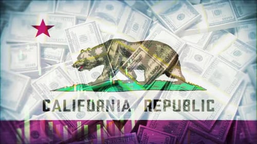 California Flag On Economic Background With Decrease Bar Chart Graph And Arrow