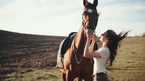 Young woman embracing and kissing with her horse in agriculture field at sunny daytime