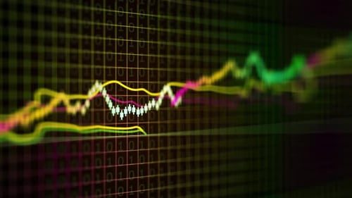 Abstract Financial Market Trading Chart with Dollar Symbols and Colorful Trend Lines