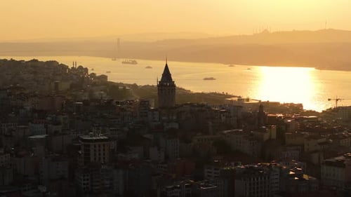 Amazing Aerial View of Galata Tower, Istanbul at Sunrise in Turkey. Silhouette