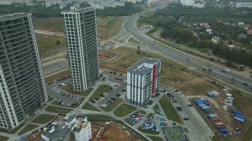 Construction site of a new city block. Construction of multi-storey buildings.