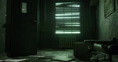 Habitación con poca luz con ventana de listones que muestra muebles abandonados y sombras
