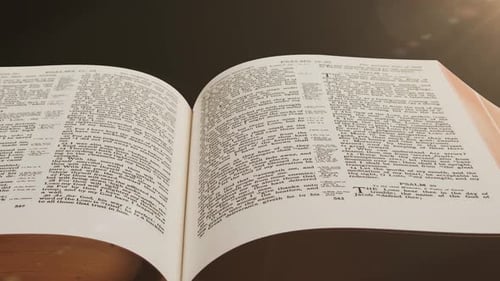 Open Bible Showing Biblical Scripture on Dark Surface