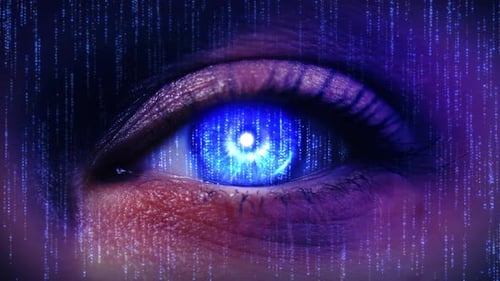 Cybernetic Human Eye with Falling Digital Code Animation