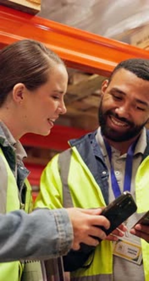 Business, smartphone and people in warehouse, logistics and conversation with social media