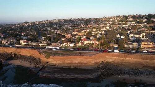 San Diego Cliffs, Establishing Drone Aerial View of Upscale Coastal Neighborhood on Sunset Sunlight,