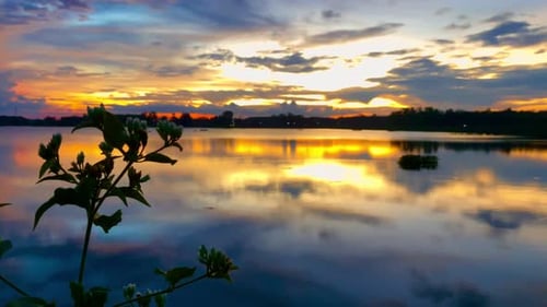 The beautiful sunset over the calm waters of the lake makes for a perfect view