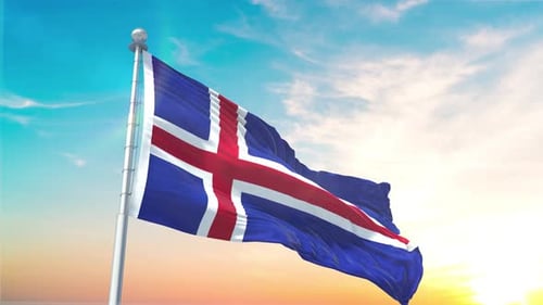 Realistic Iceland Flag Waving Against Beautiful Sunset Sky