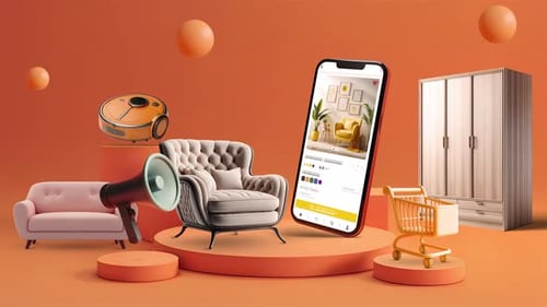 Sala de exposición de comercio electrónico y ventas con productos de mobiliario. Maqueta de smartphone en el podio
.