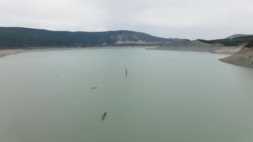 Drone View of Water in a Reservoir with a Leafless Tree in the Middle of It