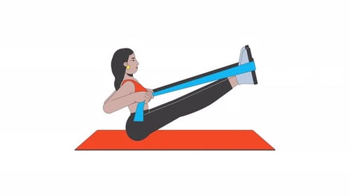 Femme s'étirant avec une bande de résistance sur un tapis de yoga, dessin animé