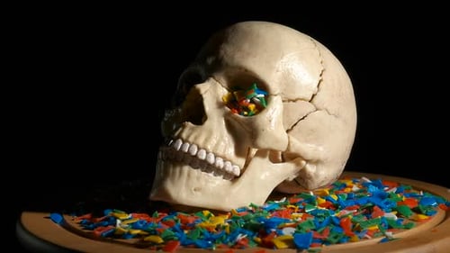 Human Skull Surrounded by Colorful Pieces on Plate