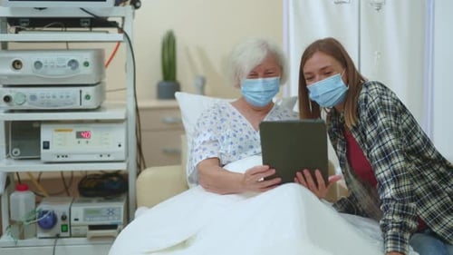 Adorable Family Two Multiage Women in Face Mask Videochatting in Hospital Room Unhealthy Elderly