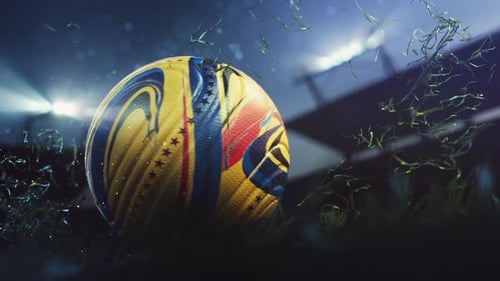 Soccer ball on stadium grass under bright lights.