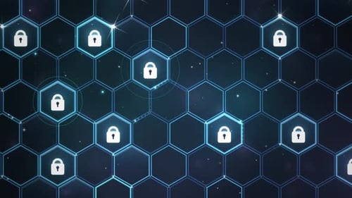 Digital padlock icons on a glowing hexagon network grid cyber security background loop