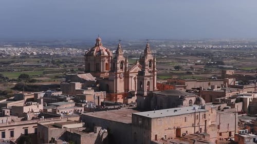 Aerial Panorama of Mdina Old Town and St Pauls Cathedral Malta