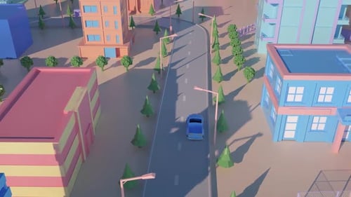 Stylized Low Poly City with Car Driving Through Streets
