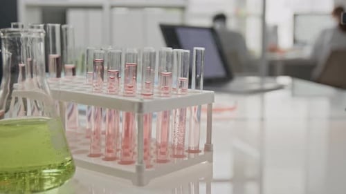 Close-up of Rows of Test Tubes and Beakers on Desk in Laboratory with Scientists