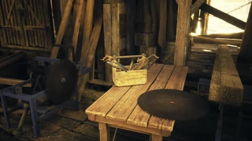 Workshop Scene Detailed Carpentry Tools Rest on Aged Wooden Surface