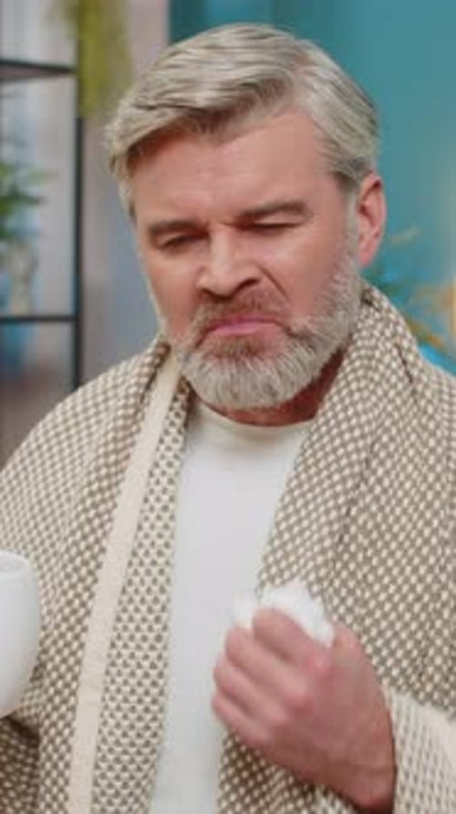 Mature Man Sitting at Home Holding Napkin Wipes Snot Drinking Hot Beverage or Cold Medicine at Home