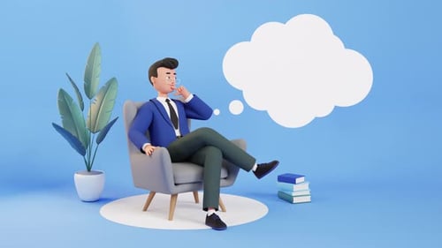 Animated 3D Businessman Thinking Idea with Blank Thought Bubble