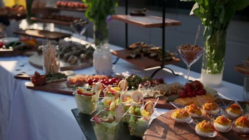 Close Up Banquet Table with Appetisers Catering in Restaurant Move Camera