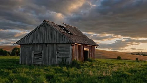 El granero abandonado al atardecer en el hermoso y tranquilo paisaje rural es realmente impresionante