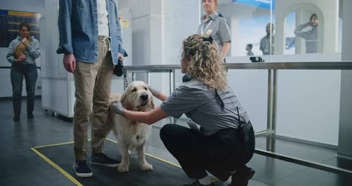 Mature Man with Pet During Screening Procedure in Airport Terminal