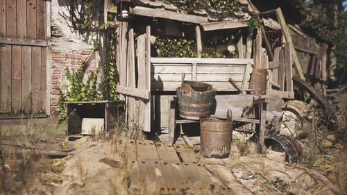 Rustic Garden Shed with Tools and Aged Wooden Elements in a Sunny Outdoor Space