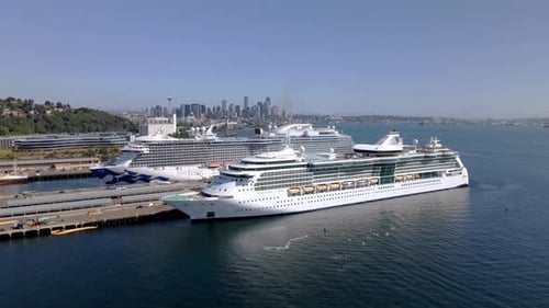 Footage of cruise ships docked in Seattle, Washington, USA. Aerial drone video of Seattle-Bremerton
