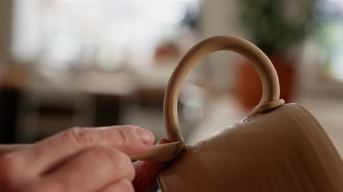 Potter Attaching Handle to Ceramic Mug Close Up